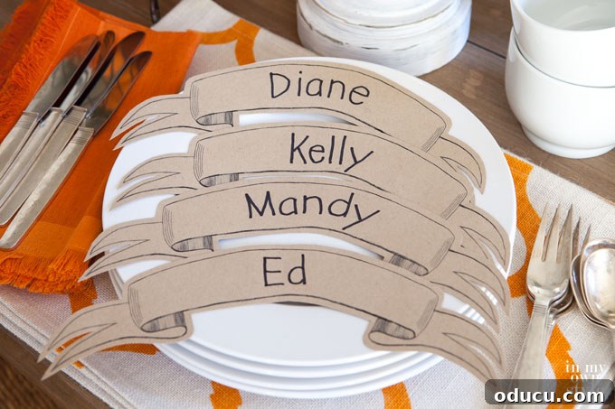 Autumnal Paper Pouch Place Cards 7 Free Printable paper ribbon place card example, an alternative for table settings.