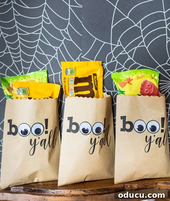 Spooktacularly Sweet Halloween Candy Pouches 15 A few completed googly eye Halloween treat bags ready for trick-or-treaters