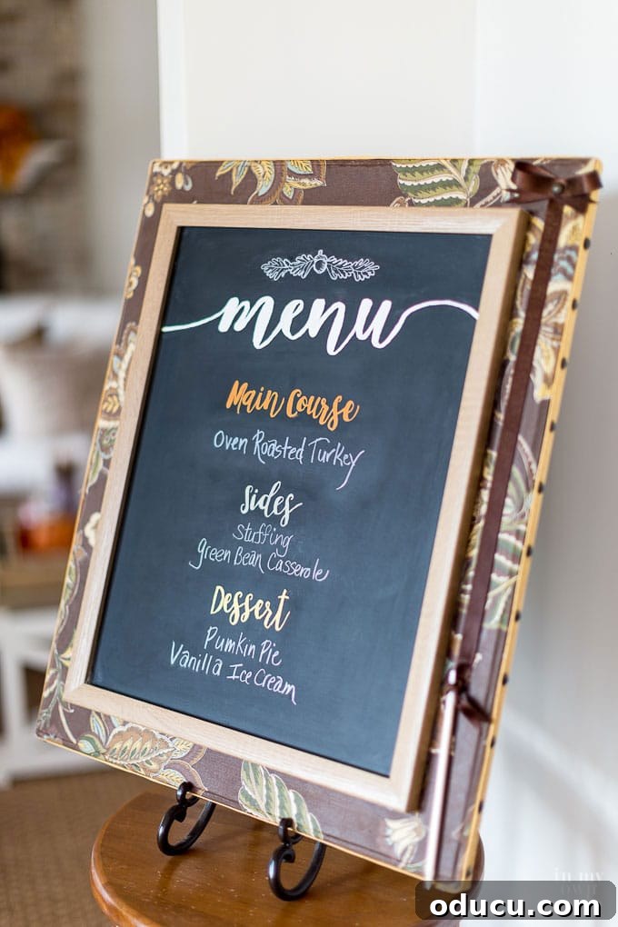 Upholstered Frame Message Board 12 Menu Chalkboard idea. Make a fabric covered framed chalkboard to use for entertaining and holiday meals.