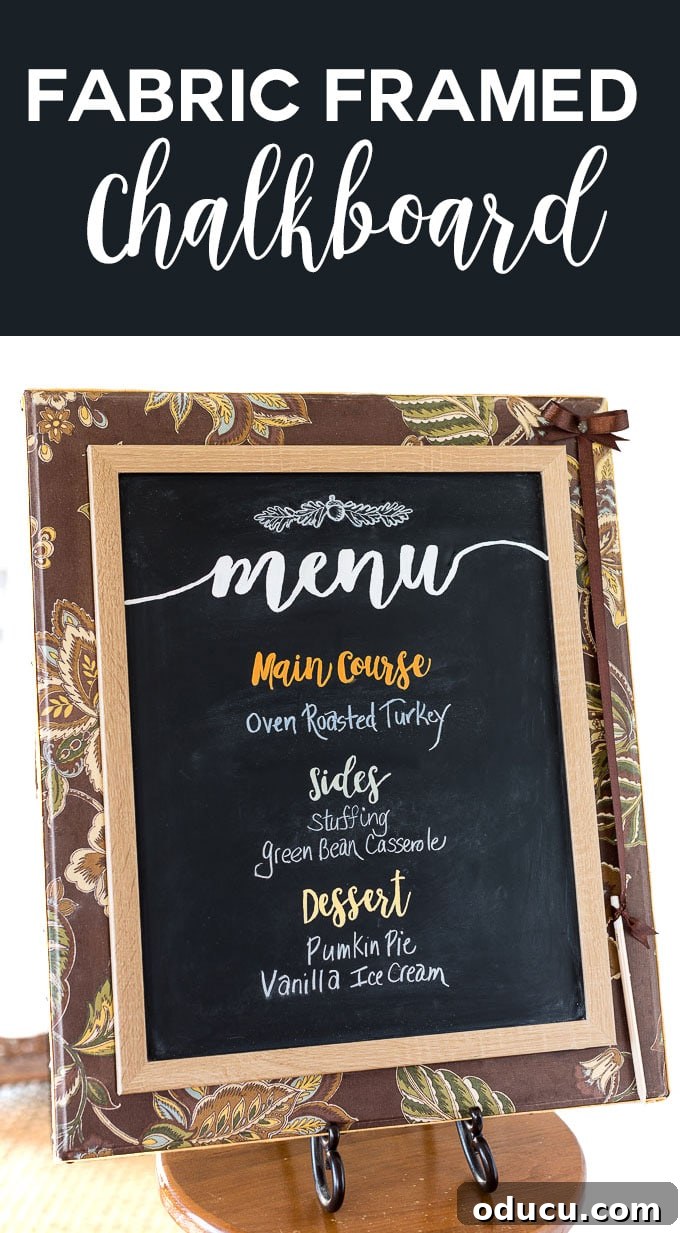 Upholstered Frame Message Board 23 Chalkboard idea that will coordinate with the decor of your room. I made mine a menu chalkboard. Check out how I made some of the writing on the chalkboard permanent.