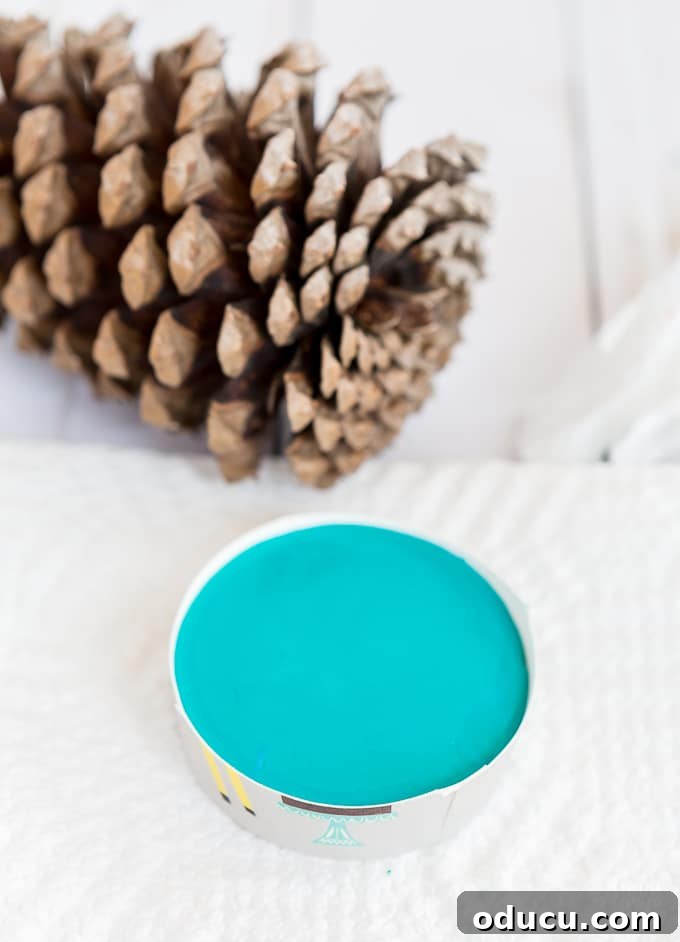 Vibrant Fragrant Holiday Pinecone Creations 8 Placing a pine cone into the liquid crayon wax base, ensuring it is submerged enough for stability.