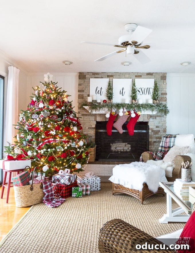 Timeless Christmas Decor with Red White and Greenery 6 christmas-living-room-decorating-idea