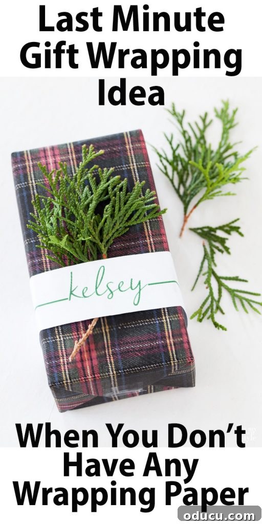 Last minute Christmas gift wrapping idea without traditional gift wrap using printed fabric