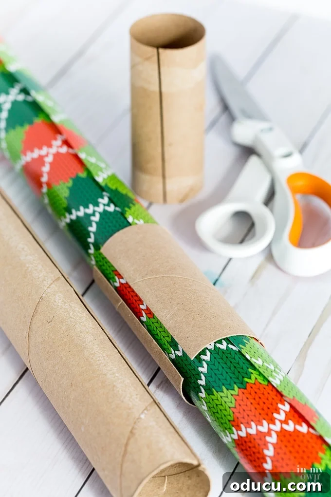 Gift wrap storage idea using recycled toilet paper tubes