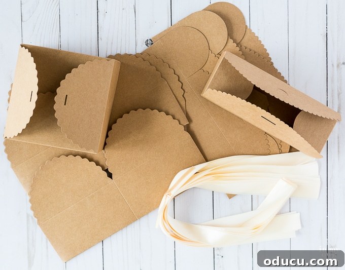 Home baked gifts presented in elegant scallop-top bakery boxes