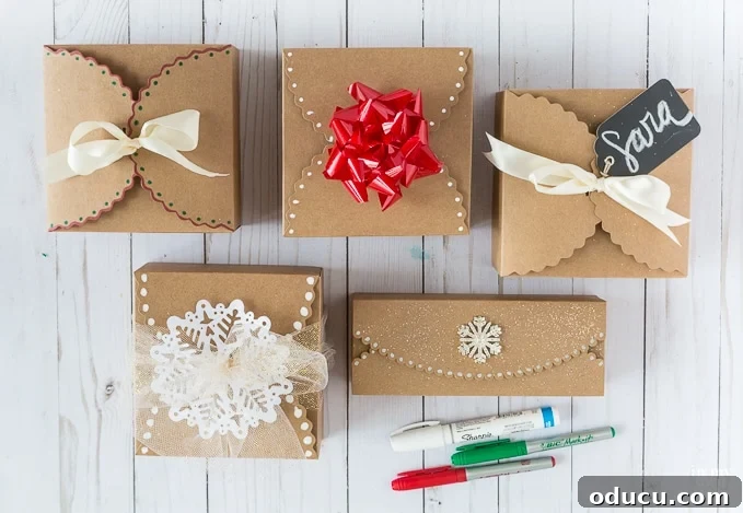 Scallop bakery gift boxes with unique holiday embellishments for a personalized touch