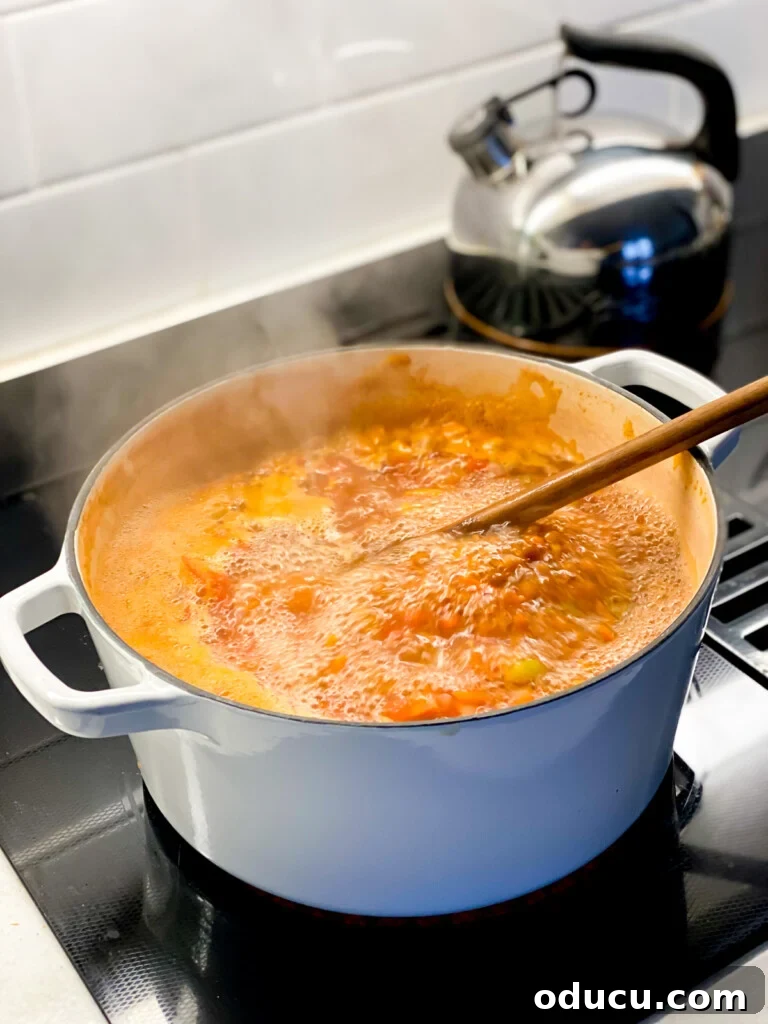 Own Your January 7 Rustic Tomato Soup cooking on a stove.