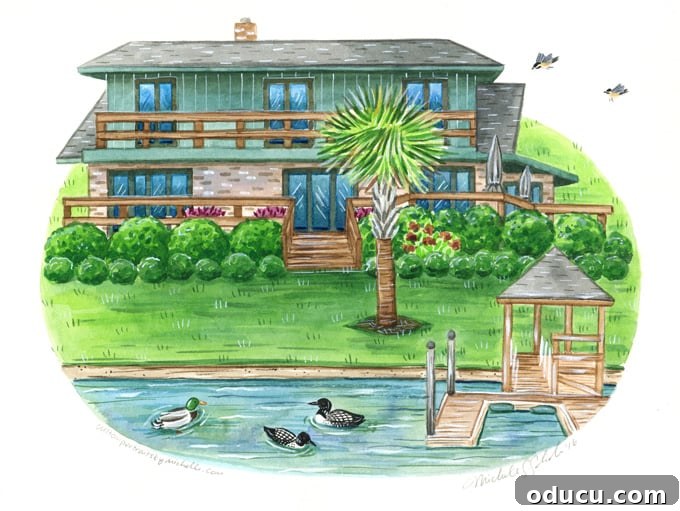 Lake House Living A DIY First Year 3 Custom watercolor portrait of a beautiful lake house