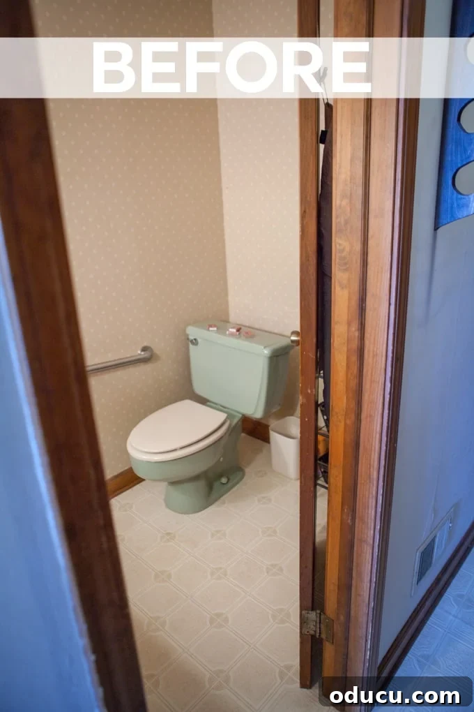 Lake House Living A DIY First Year 31 Powder room makeover before with a green toilet and dated decor