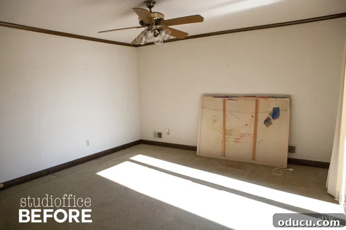 Lake House Living A DIY First Year 6 Before and after view of a home office floor makeover with new vinyl planks