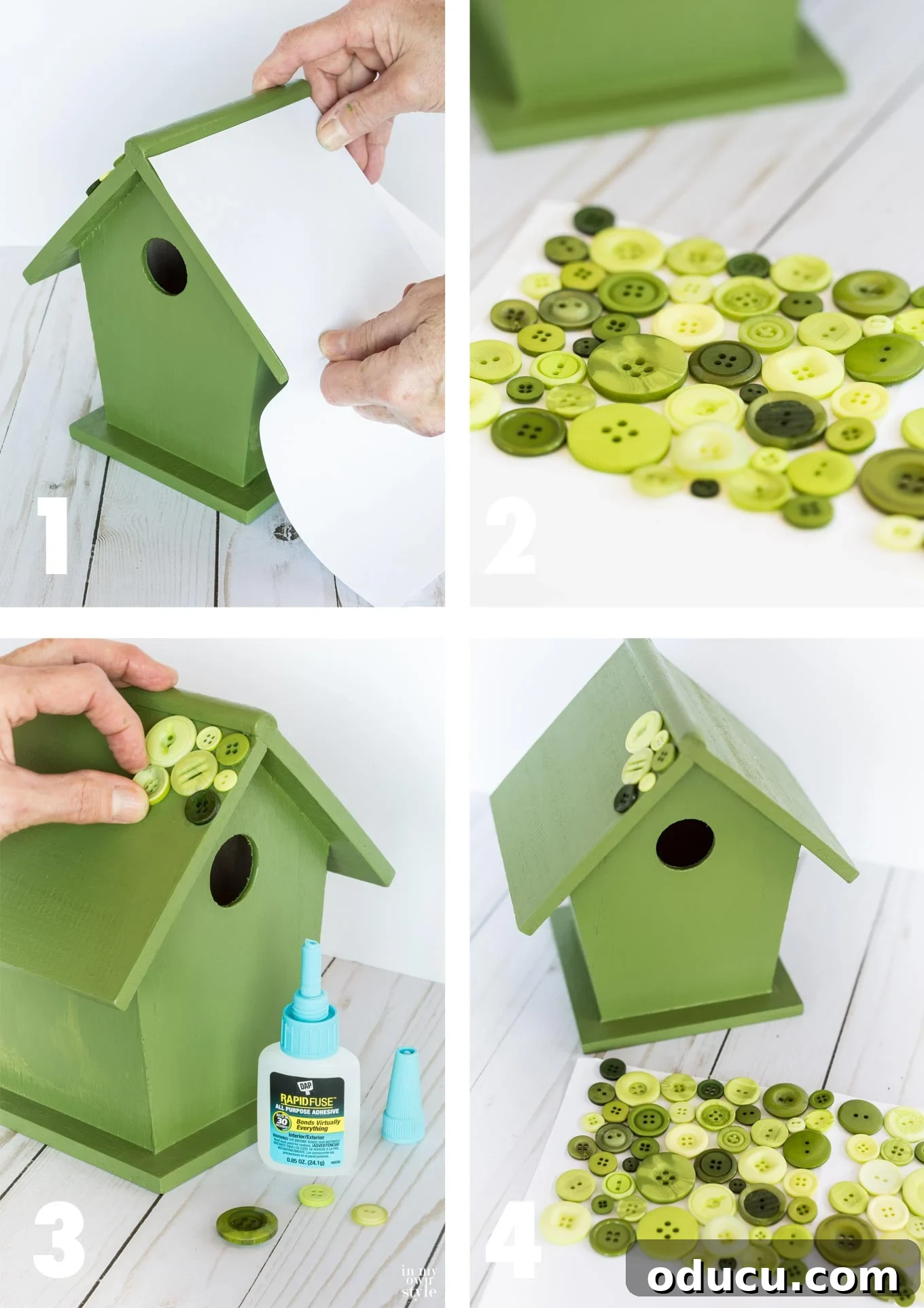 Elevate Your Birdhouse Decor 12 Creative Birdhouse Roof Design Using Buttons and Adhesive