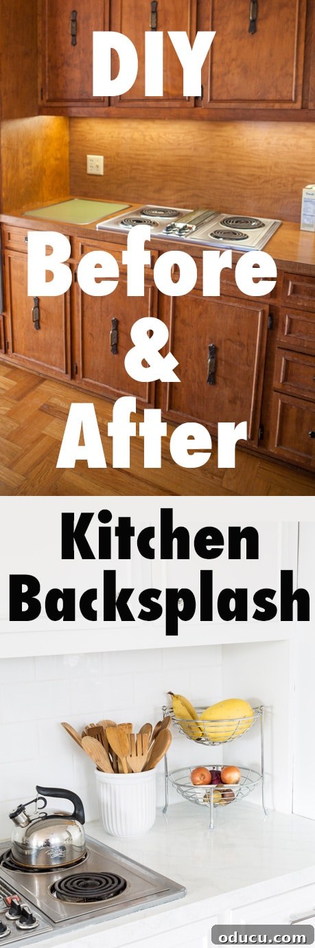 Modern Subway Tile Backsplash Inspiration for Kitchens 18 Before and after DIY kitchen backsplash makeover using white subway tiles. You won't believe how the homeowner turned a dated and brown kitchen into a light and bright one on a dime.