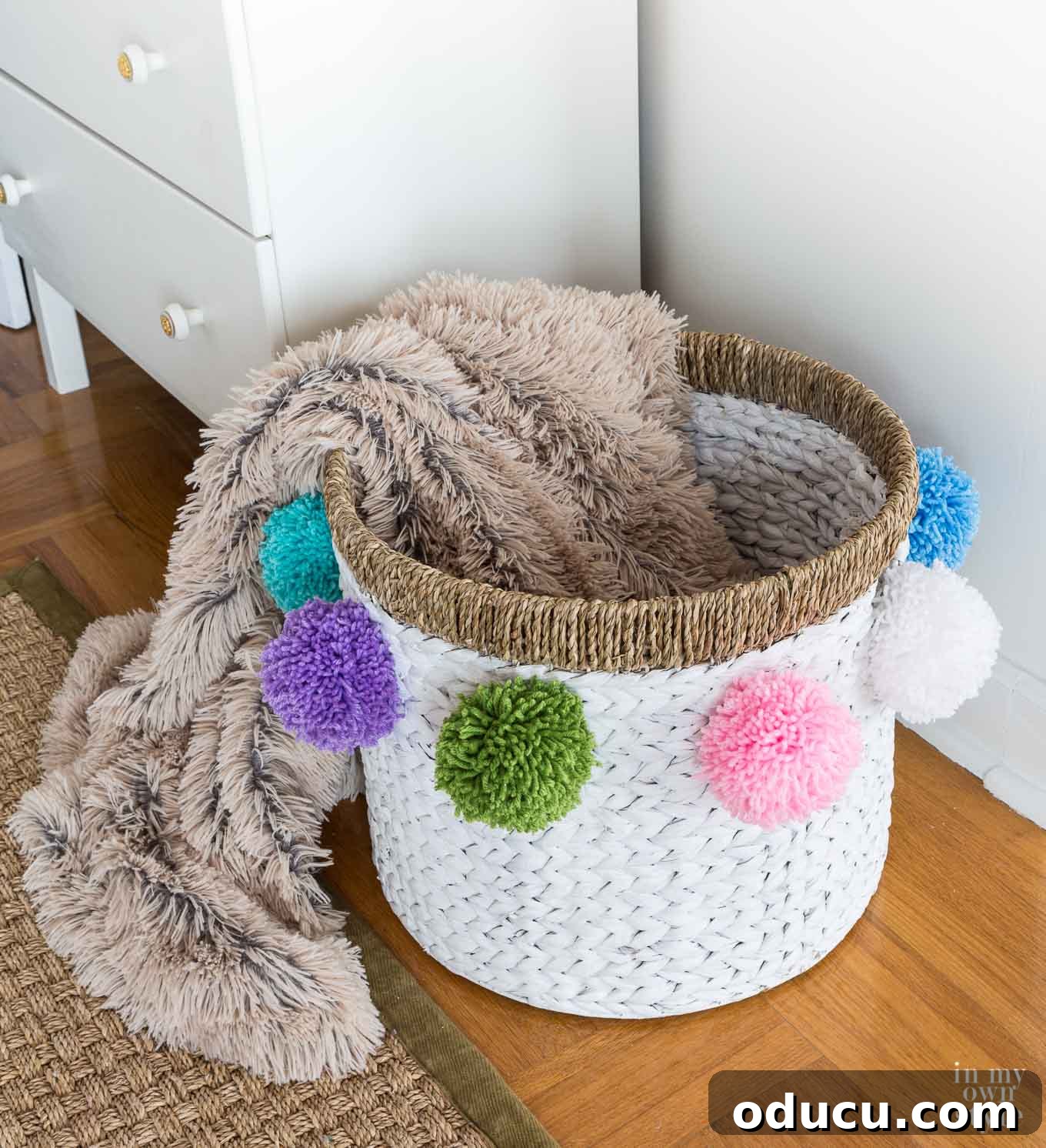 My Signature Pom Pom Basket 16 Decorative storage basket with colorful pom poms