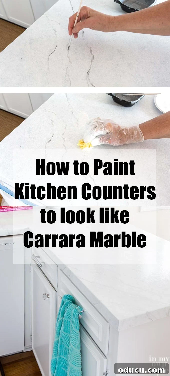 Kitchen countertop painting to look like white Carrara marble. Giani Countertop painting kit review. 