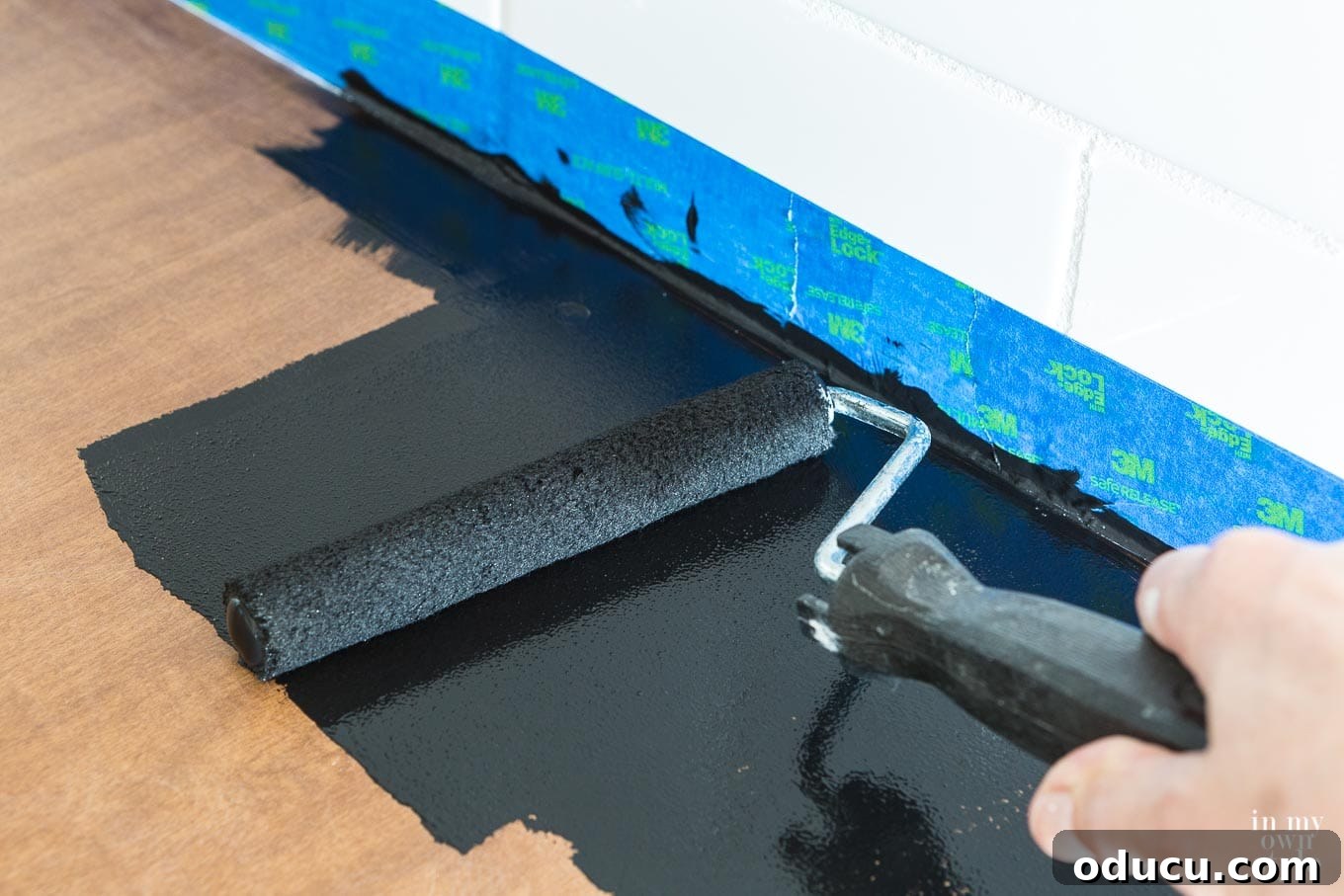 Roll on primer used to paint over laminate counters