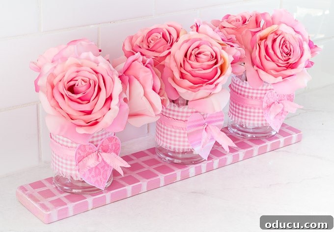 Valentine's Day Triple Vase Tray 12 Rough wood board painted with a pink, purple, and white plaid pattern