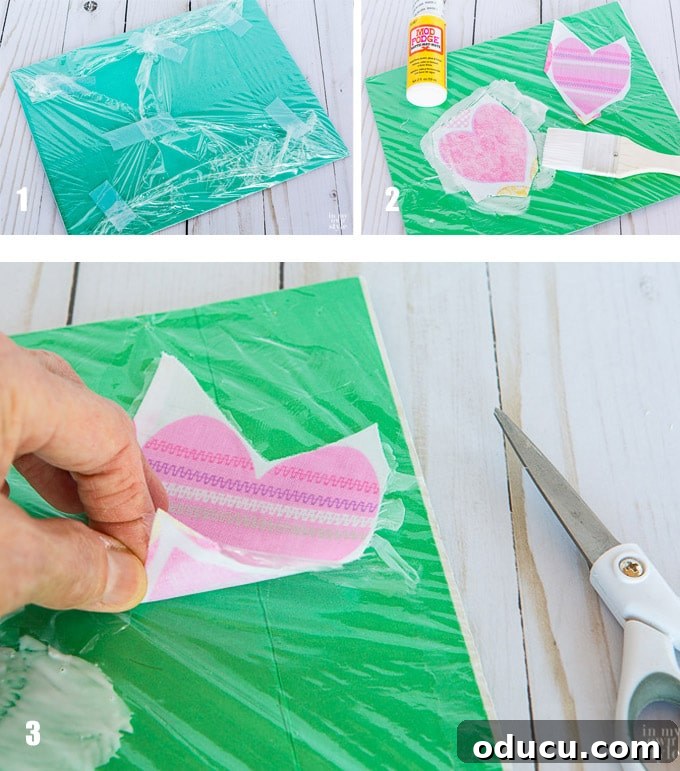 Valentine's Day Triple Vase Tray 14 Steps for applying decoupage to fabric hearts on a plastic-covered cardboard surface