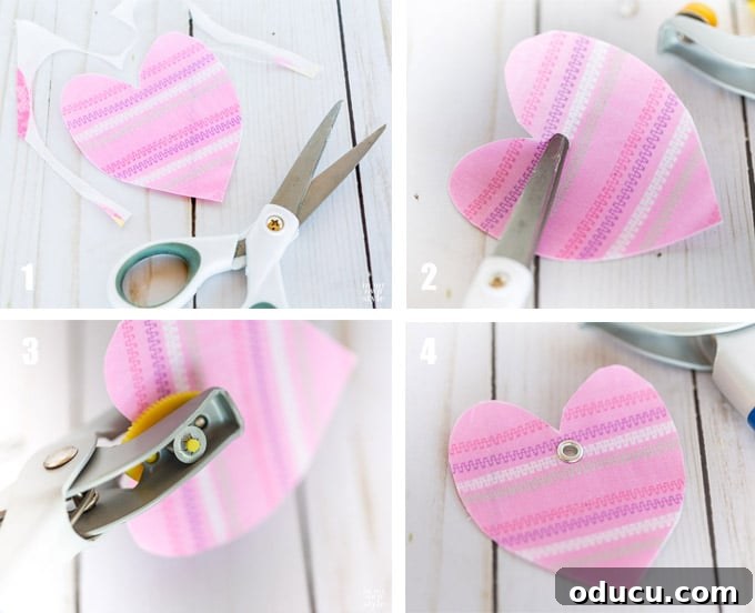 Valentine's Day Triple Vase Tray 15 How to punch an eyelet into a fabric heart using a tool