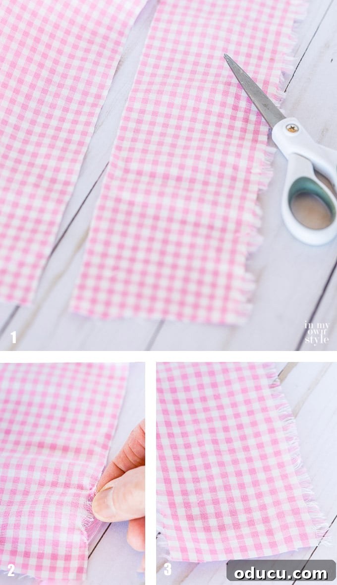 Valentine's Day Triple Vase Tray 16 Step-by-step guide on how to create a fringe edge on fabric by pulling threads
