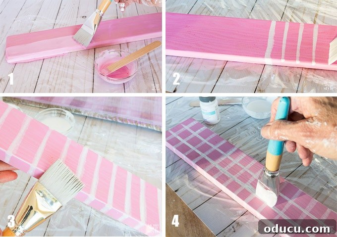Valentine's Day Triple Vase Tray 24 Decorative painting tips: close-up of brush creating narrow stripes on a pink board