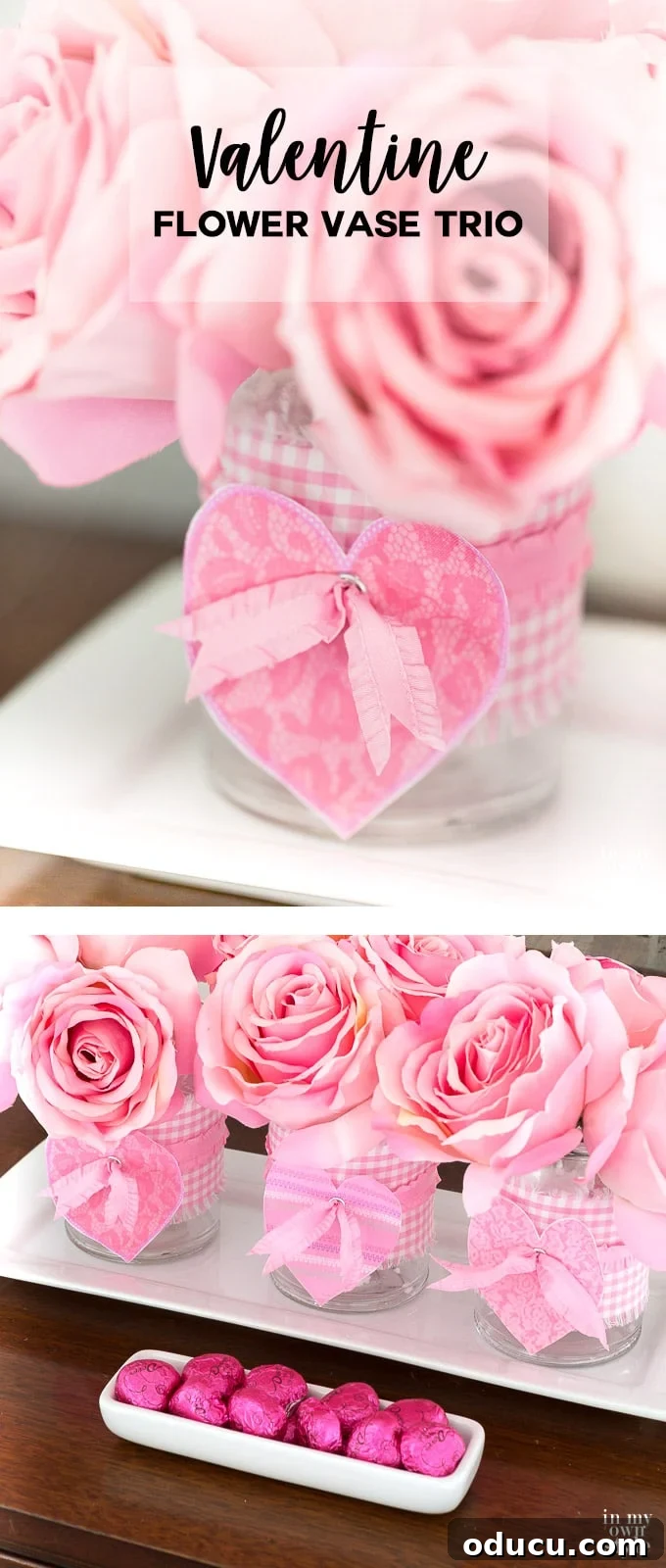 Valentine's Day Triple Vase Tray 25 Completed DIY Valentine's Day flower vase trio using glass drinking glasses and fabric on a white platter