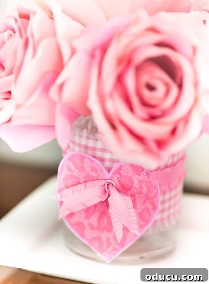 Valentine's Day Triple Vase Tray 4 DIY Valentine's Day flower arrangement with fabric-covered vases and painted wood accents