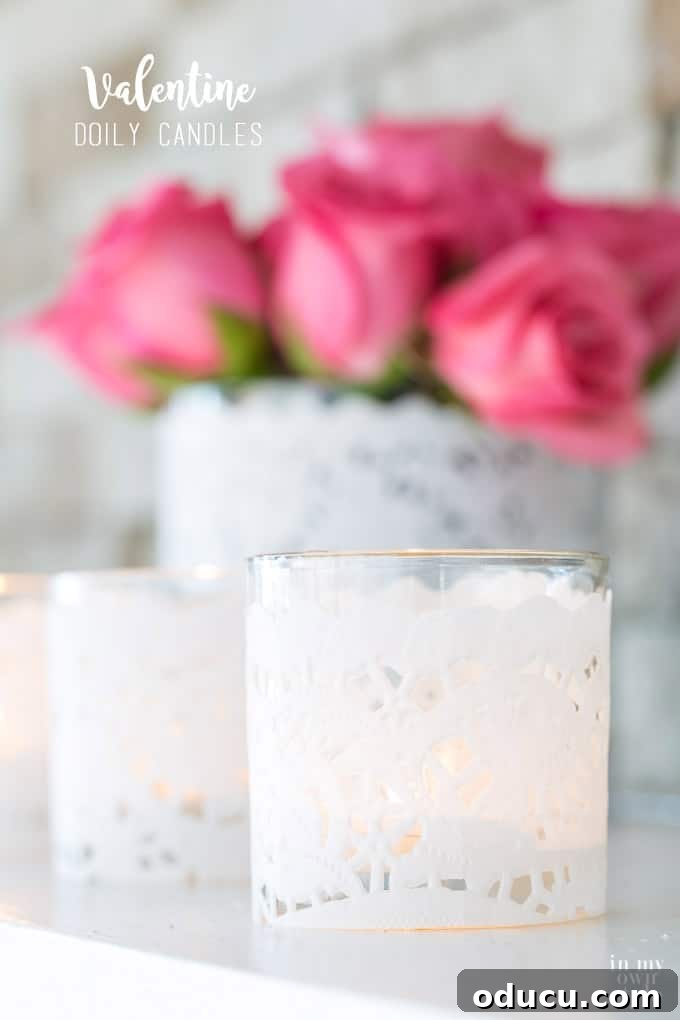 Heartfelt Illumination Valentine Doily Candles 9 Valentine's decorating idea in 10 minutes: sweet doily covered votive holders for home or table lighting