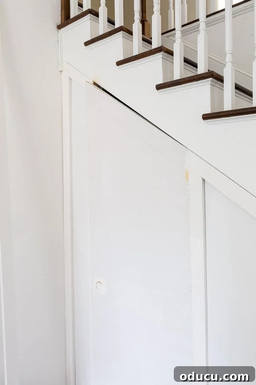 Transform Your Staircase into a Secret Storage Haven 22 Under a staircase storage ideas, showing the filled screw holes and the wood plug.