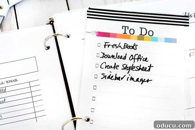 Daily planner to do list insert for a day planner