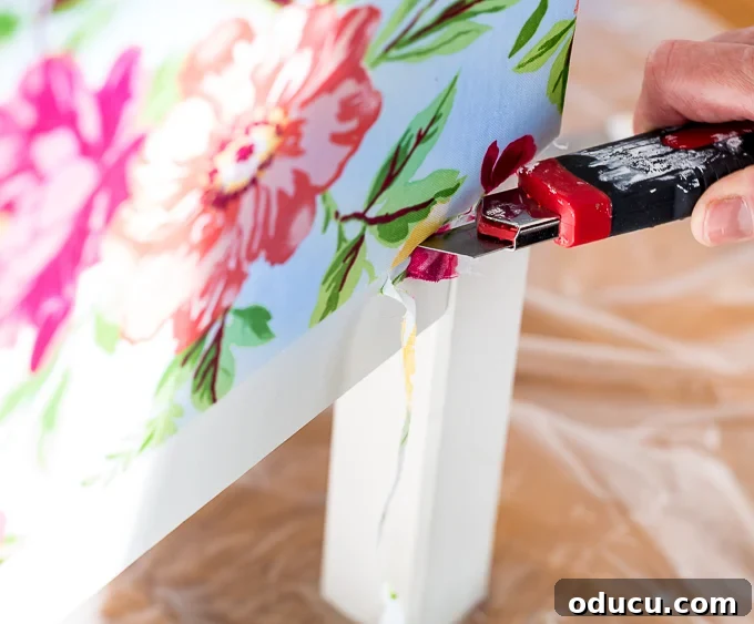 Revitalize Furniture with Fabric and Liquid Starch 16 Fabric cutting tips for furniture makeovers: Using a craft knife along edges and grooves.