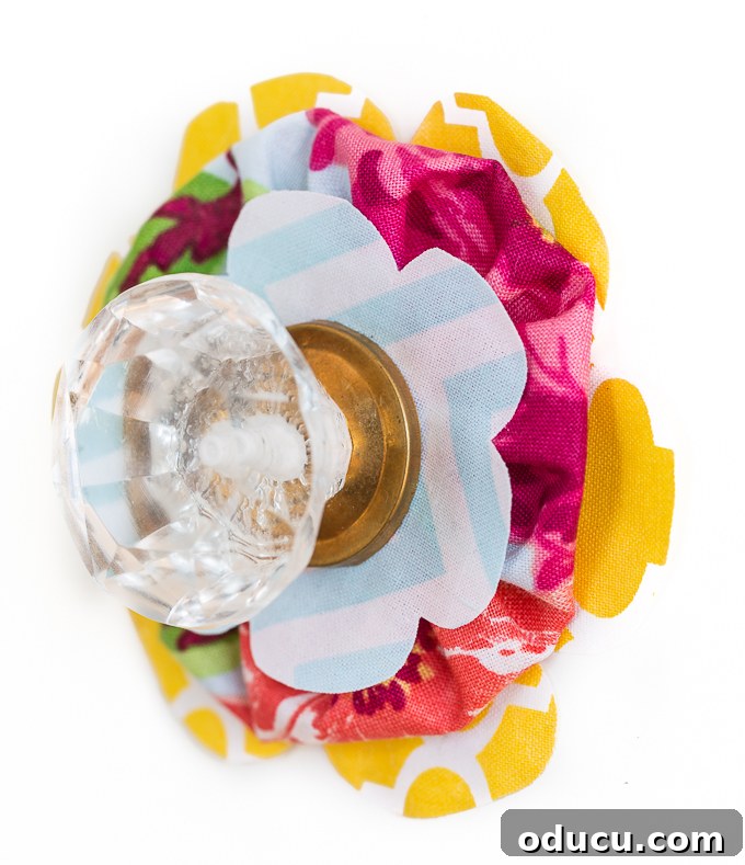 Revitalize Furniture with Fabric and Liquid Starch 18 Fabric flower drawer pull DIY: Overview of the components for a fabric knob.