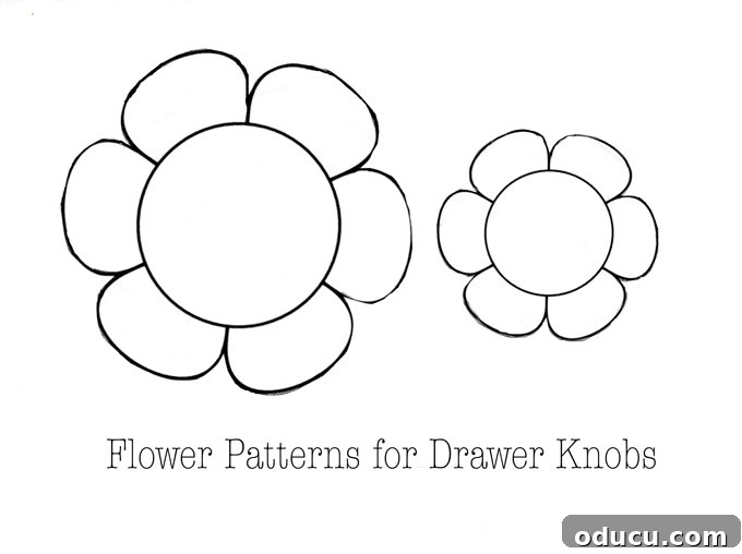 Revitalize Furniture with Fabric and Liquid Starch 19 Fabric flower drawer pull template: Printed pattern for cutting fabric flowers.