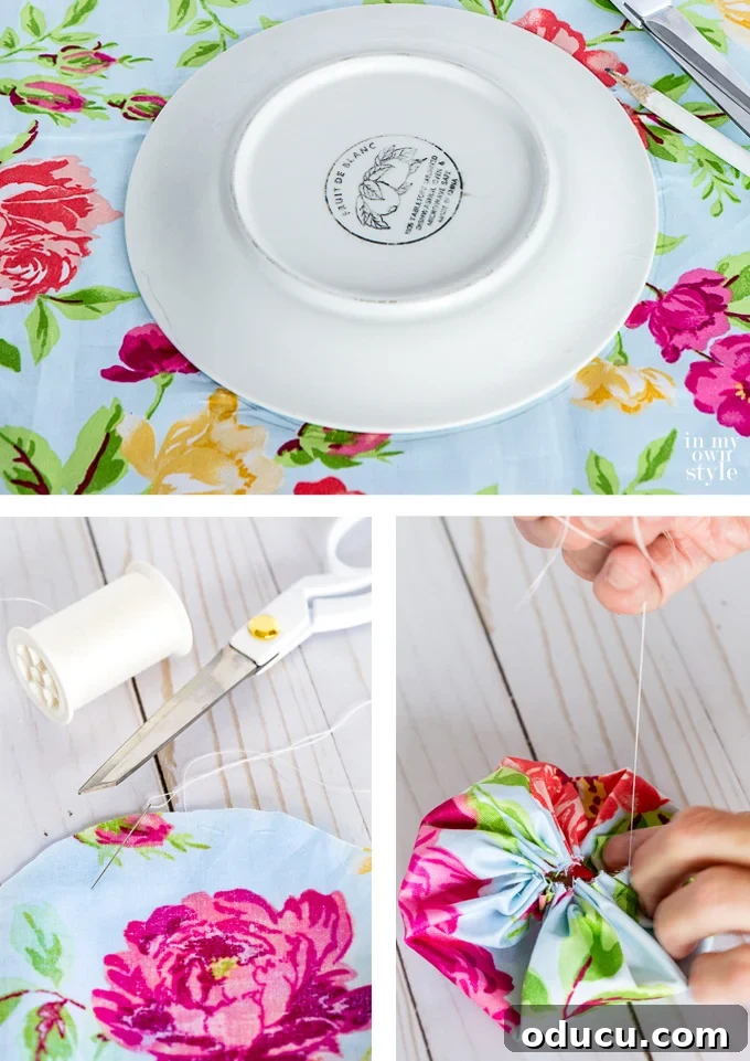 Revitalize Furniture with Fabric and Liquid Starch 20 How to make a fabric flower drawer pull: Step-by-step for creating a fabric yo-yo rosette.
