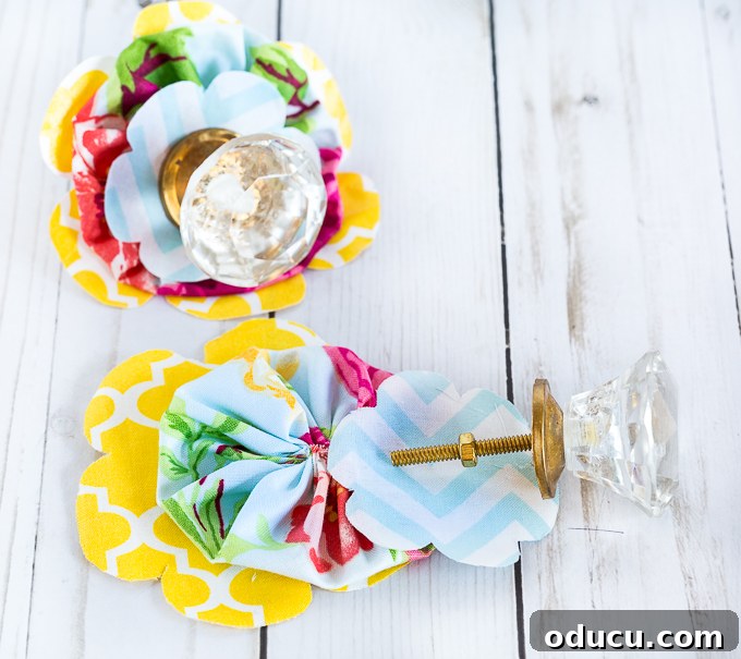 Revitalize Furniture with Fabric and Liquid Starch 26 Creative uses for fabric scraps: Close-up of the fabric flower on the dresser.