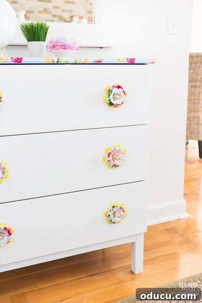 Revitalize Furniture with Fabric and Liquid Starch 29 Transform furniture with fabric and liquid starch: Full view of the beautifully made-over dresser.