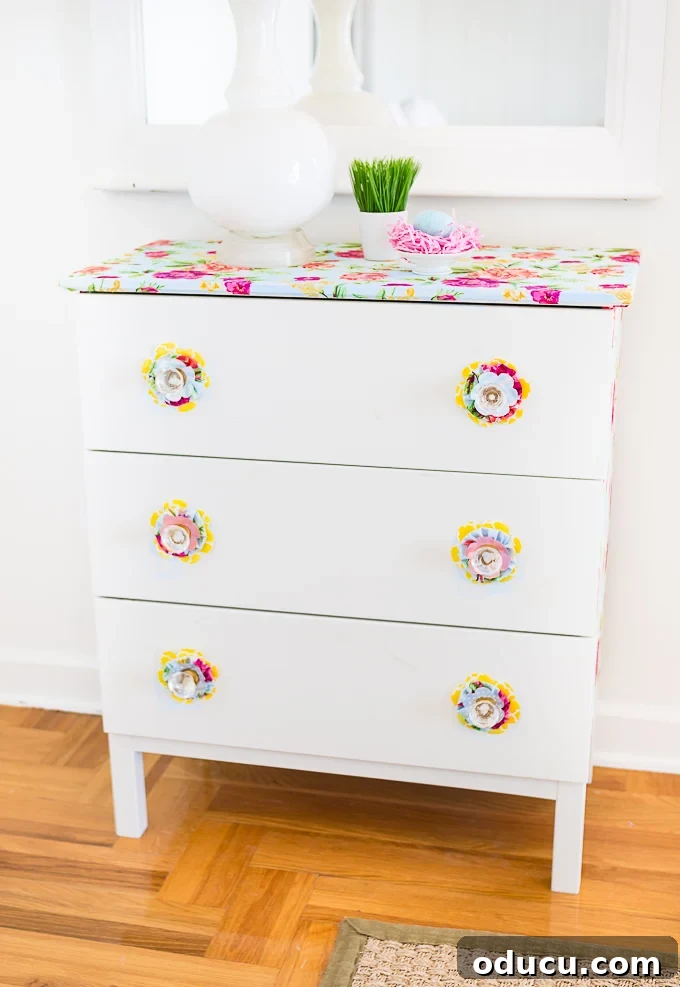 Revitalize Furniture with Fabric and Liquid Starch 5 Furniture Makeover Using Fabric + Liquid Starch: After shot of the colorful dresser.