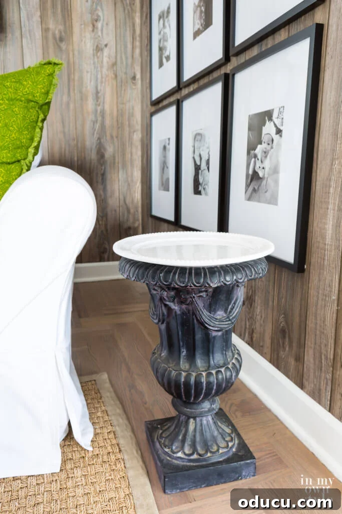 Transform an Old Urn into a Chic Side Table 6 Finished repurposed end table crafted from a garden urn and a cake plate, highlighting a quick DIY home decor project.