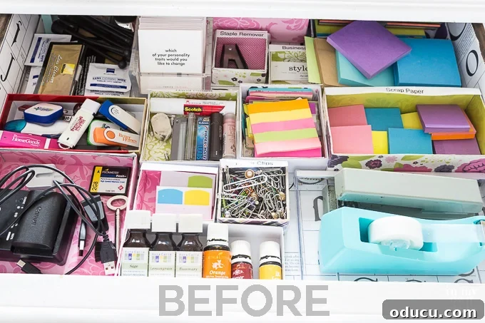 Before Shot of a Disorganized Desk Drawer