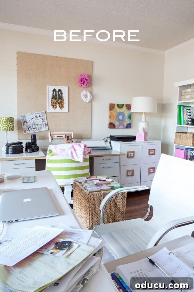 Repurposed File Cabinet Craft Hub 2 Before: Bloggers home office showing cluttered desk area