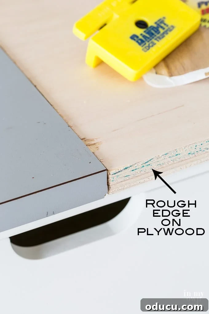 Repurposed File Cabinet Craft Hub 8 Raw plywood edge before veneer