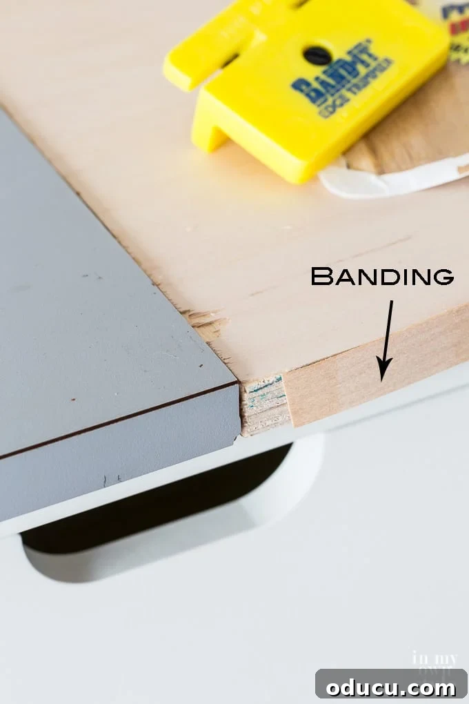 Repurposed File Cabinet Craft Hub 9 Trimming excess veneer with Band-It Trimmer