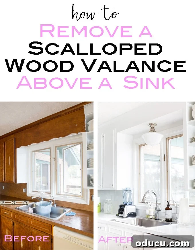 Ditching the Dated Kitchen Valance 16 How to remove the dated scalloped wood valance above a kitchen sink.