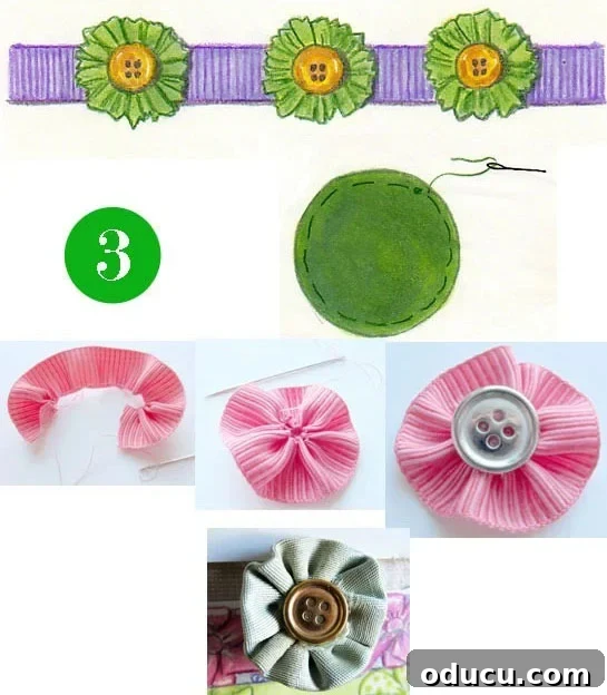 How-to-make-a-Fabric-Yo-Yo A 'how-to' guide illustrating the steps to create your own decorative fabric or ribbon rosette trim, perfect for towels, pillows, and other crafting projects, adding a soft, textured accent.