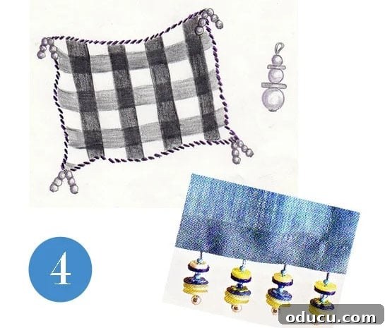 How-to-Make-stacked-button- A 'how-to' illustration demonstrating the creation of decorative beaded trim for towels, pillows, and other textile projects using stacked buttons, adding a unique, textured element.