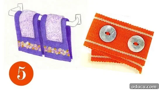 How-to-make-button-on-ribbo A visual 'how-to' guide demonstrating the creation of decorative ribbon and button trim, offering a simple yet elegant embellishment for towels, pillows, and other fabric items.