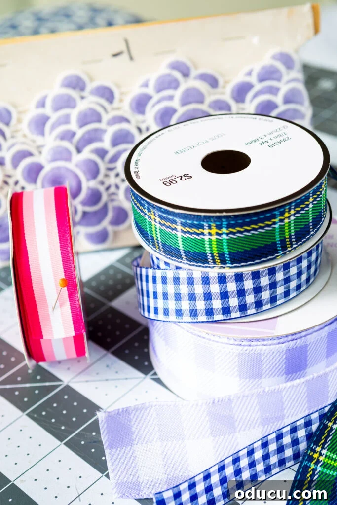 Elevate Your Bathroom With Towel Decor 10 A curated selection of ribbons in various colors and patterns, ready to be used for decorating bathroom towels, inspiring creativity.