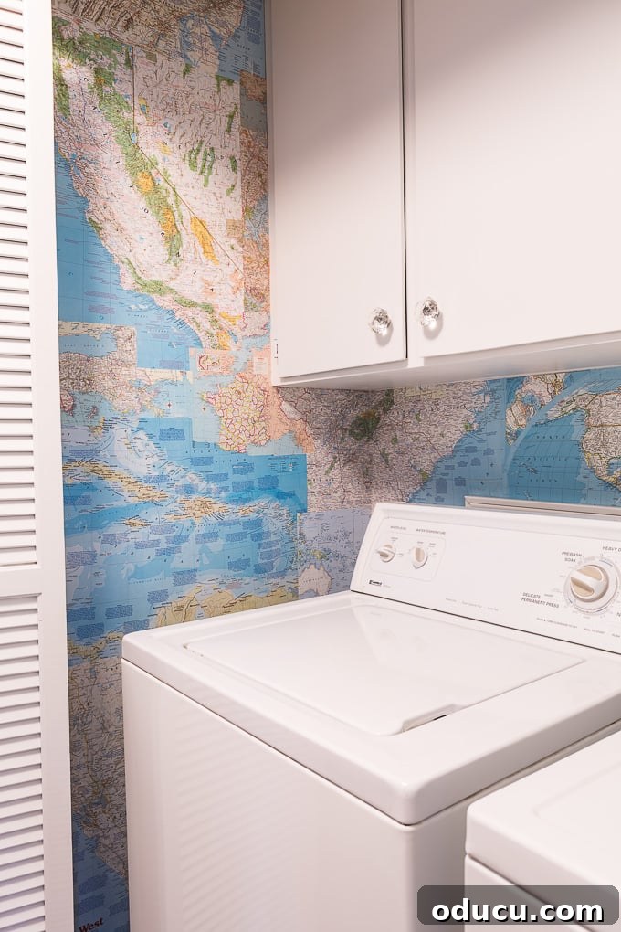Globetrotting Laundry Room: DIY Map Wallpaper Project 25 DIY Map wallpaper used in a laundry room