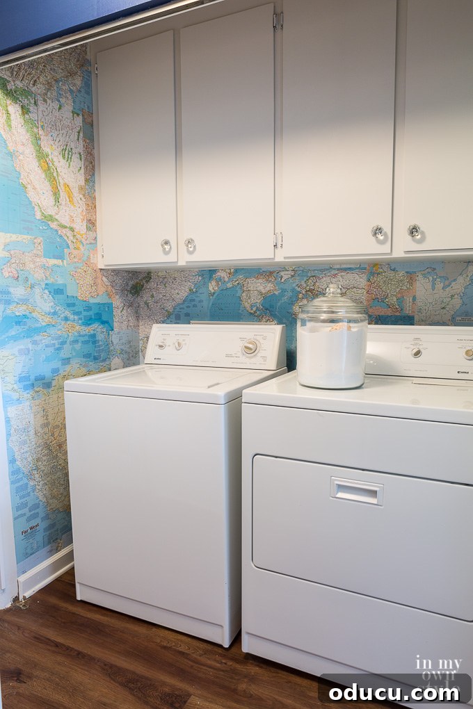 Globetrotting Laundry Room: DIY Map Wallpaper Project 6 Laundry room map wallpaper and step by step tutorial