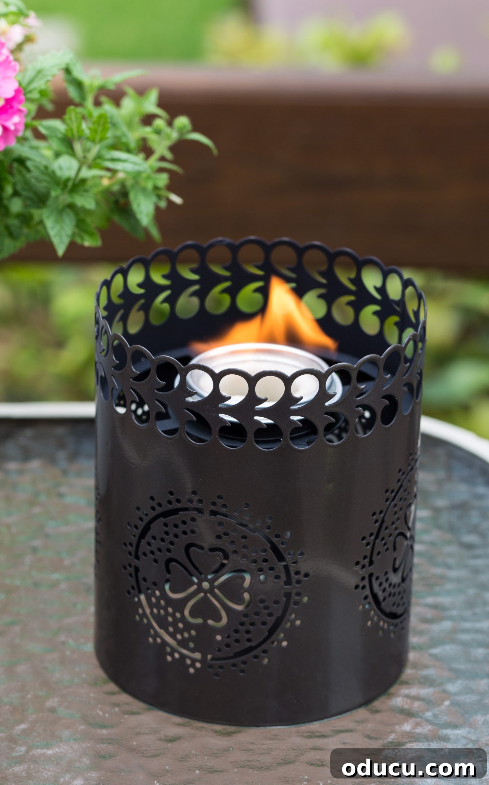 My Lakeside Haven 9 Outdoor table setting ideas for enhancing night time ambiance: TIKI Brand Tabletop Firepiece with FlameShield in the striking Gun Metal finish.