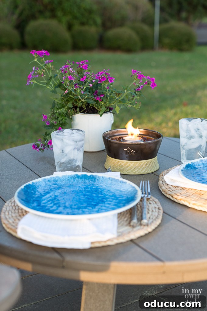 My Lakeside Haven 10 A selection of TIKI Brand tabletop Firepieces, ideal for enhancing outdoor tables during dining and entertaining, providing elegant and smoke-free illumination.